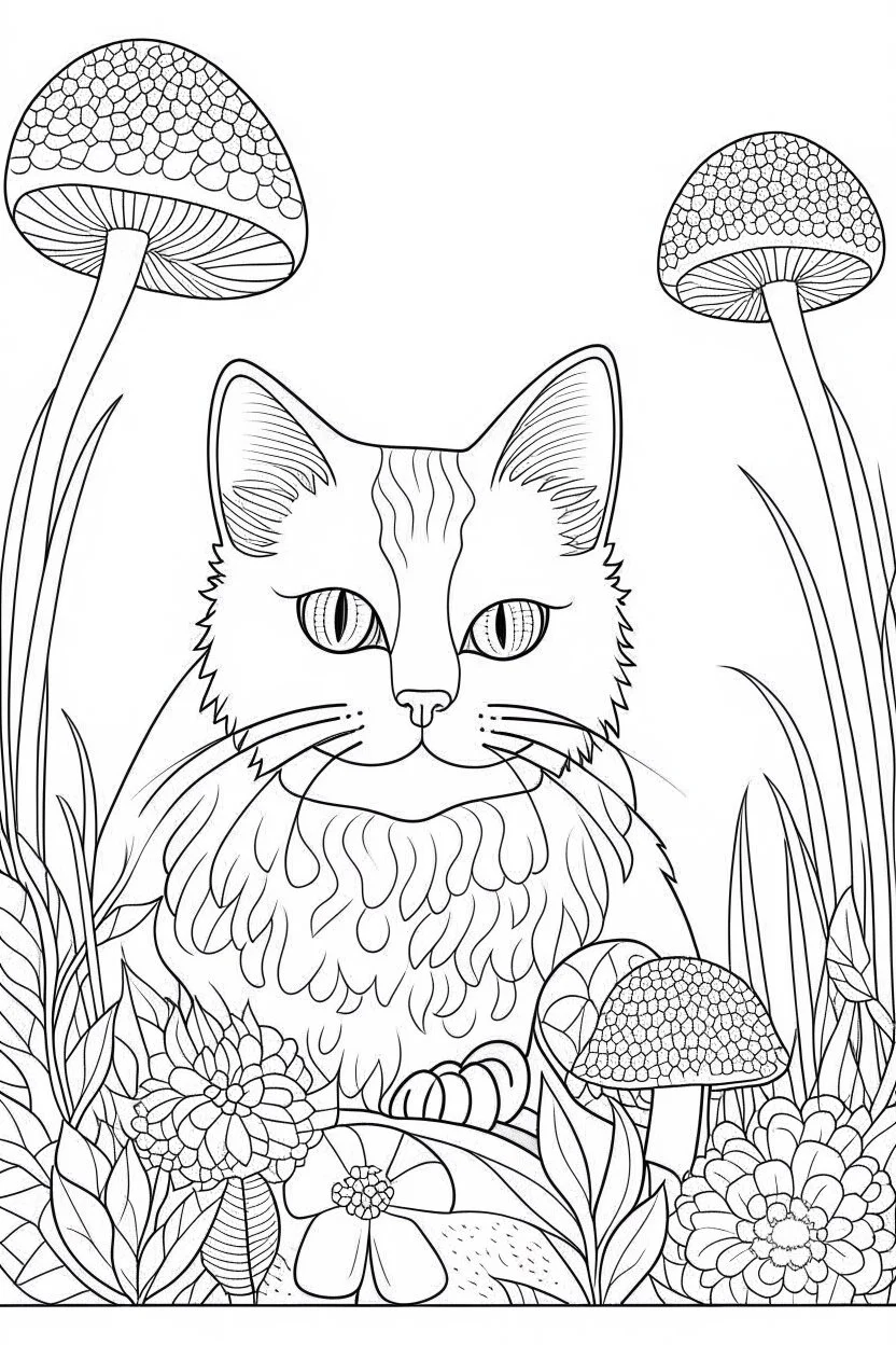 coloring page, a cat with mushroom-inspired facial features, full view, realistic, coloring page, only draw lines, coloring book, clean line art, –no sketch, color, –ar 3:4, white background, minimalistic black lines, minimal black color, low level black colors, coloring page, avoid thick black colors, thin black line art, avoid colors, perfect shape, perfect clear lines,