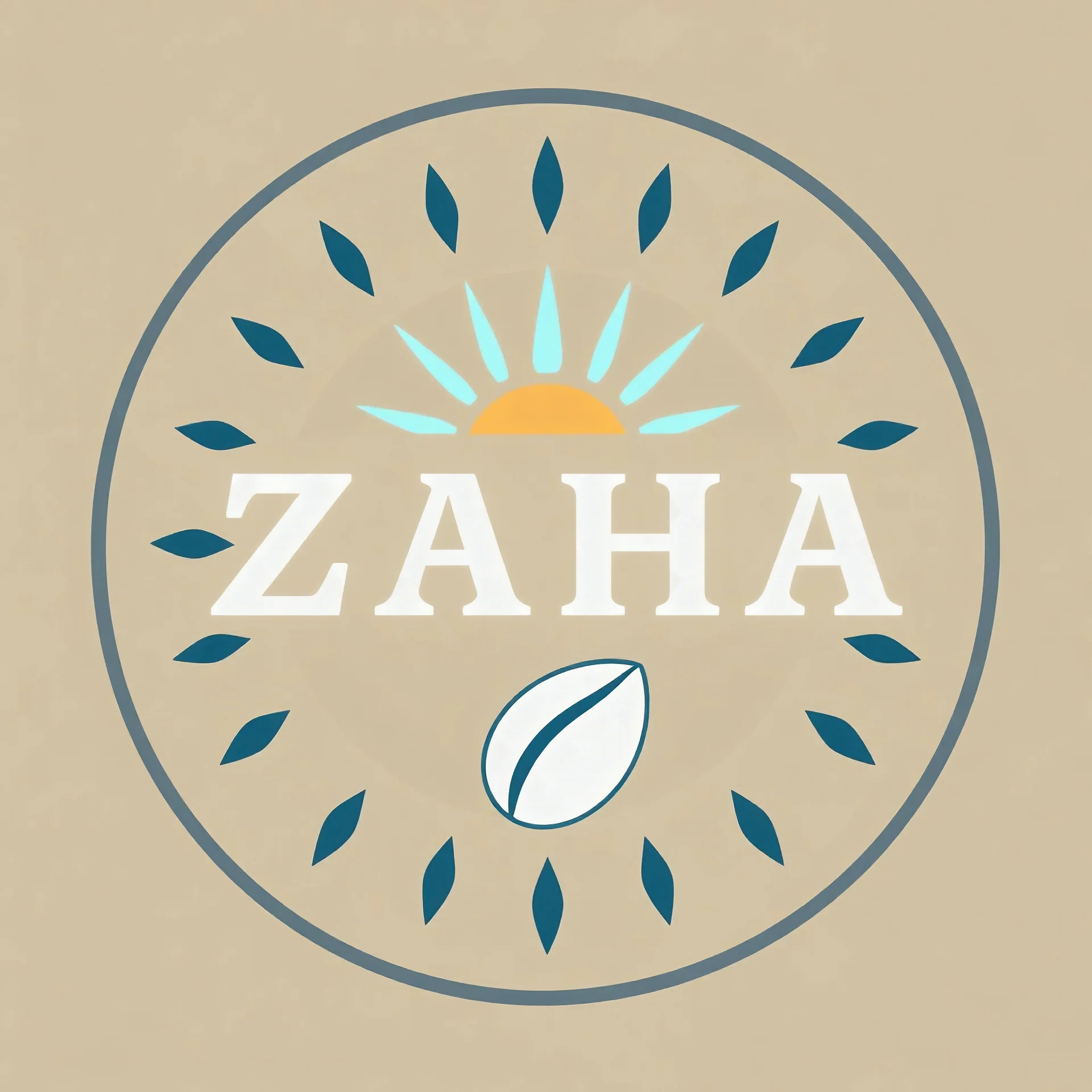 A circular logo with the name (ZAHA) designed for a cafe with the symbol of the sun and turquoise and indigo colors and a coffee bean.