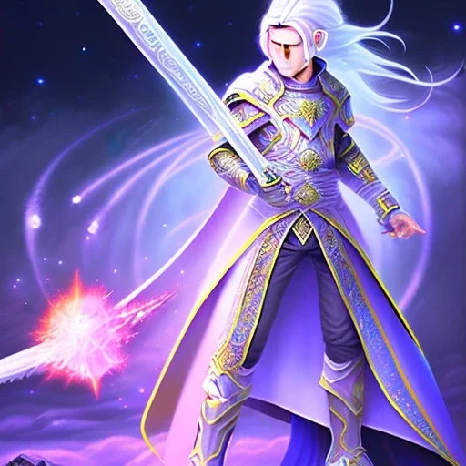 cosmic mage, elf, male, battle mage, cosmic sword, epic, cosmic magic, staff, long ears, white hair