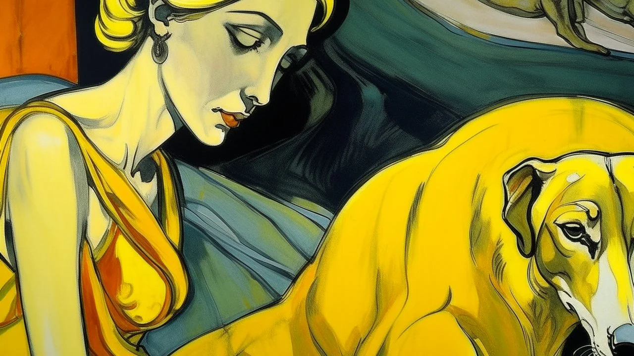 Close-up of a painting of a dog, lying in a void, figure drawing, yellow charcoal, color burn, by Ernő Grünbaum, stylized graphic novel, Cartier, centaur, in 1995, human woman, by Carlo Carrà, Kirchner