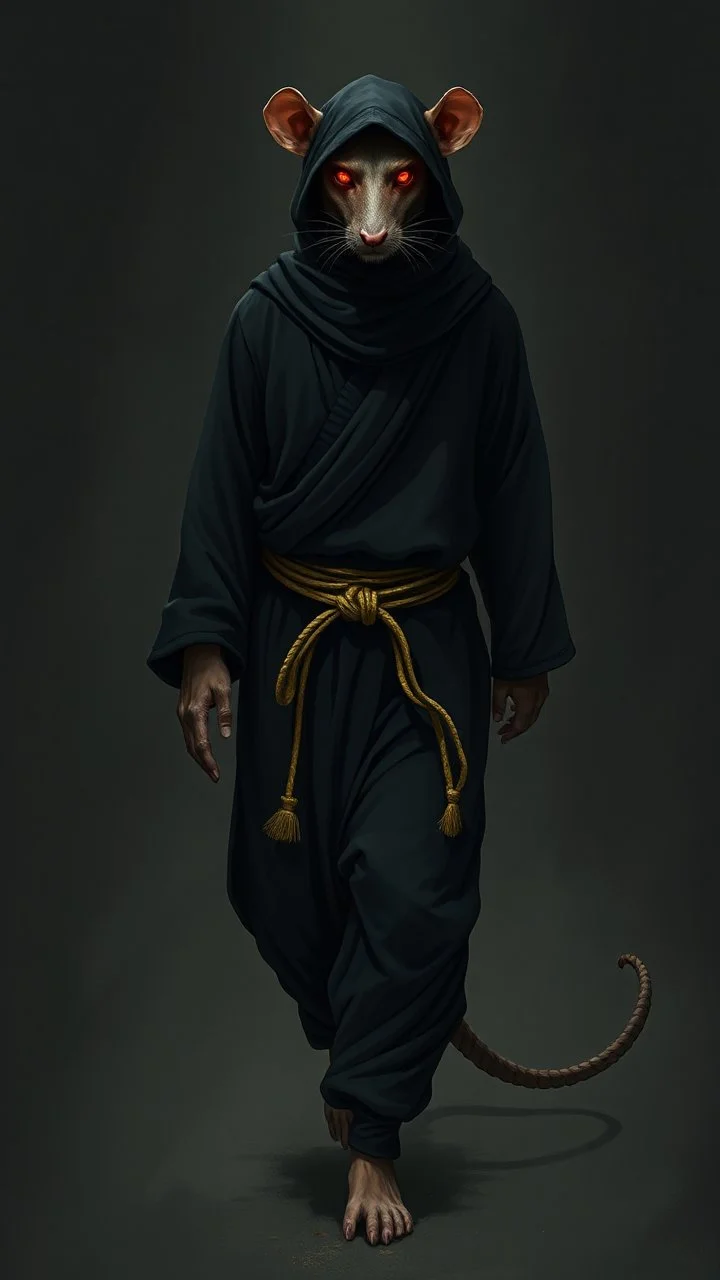 the yoga rat man, ou’re looking at someone who doesn’t just walk into shadows—they belong to them. The black robes cling like a second skin, the belt tied tight with gold thread that catches the light only when he moves. His face is wrapped, but not hidden—his eyes glow like embers, red and steady, as if he’s already seen what waits inside the cave. The tail curls behind him, not in fear, but in readiness. He doesn’t need a torch, because the darkness answers him.