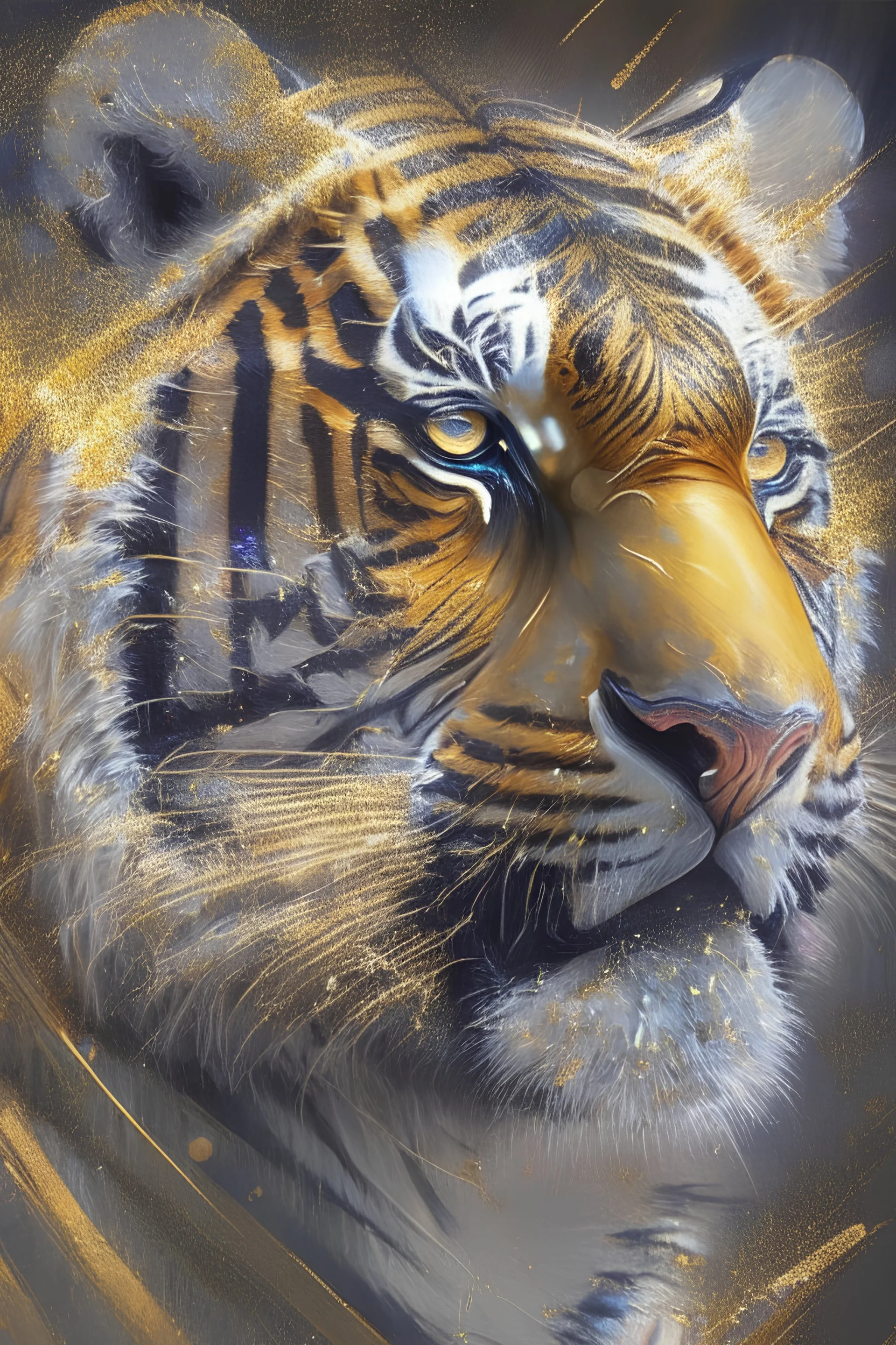 A beautiful 3D imaginative art painting of a majestic fierce tiger with glittering shiny colourful stripes with it's glittering eyes shining like the sun and in the background an abstract art splash of gold and silver