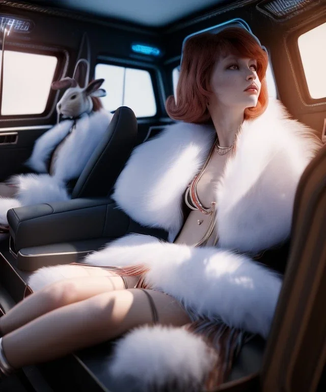 Ultra realistic back seat of limousine image, wide angle view, Alice woman and white rabbit man, many color balls, circus clothing, long hair, smoke, feather long coat, soft color, highly detailed, unreal engine 5, ray tracing, RTX, lumen lighting, ultra detail, volumetric lighting, 3d, finely drawn, high definition, high resolution.