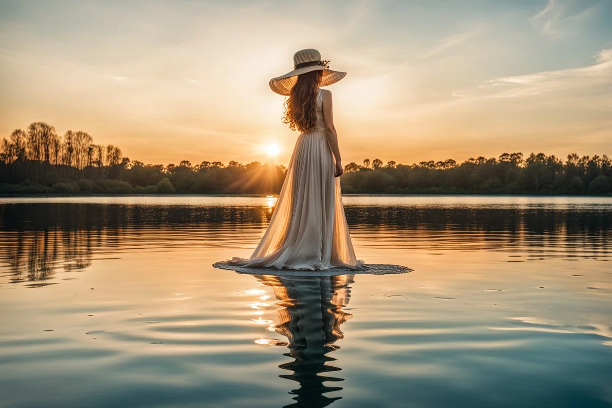 lies on of the lake a long hair nice woman in a long vintage dress and hat, she looking herself into the water, her face reflection in the water, pale stunning colors, sunset, peaceful mood, minimalist background Professional photography, natural lighting, canon lens, shot on dslr 64 megapixels sharp focus, reflections, stunning