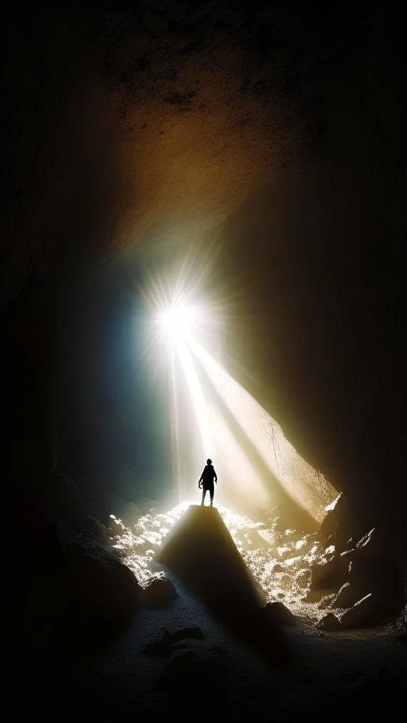 Figure on the scree cone of an underground hall lit by faint rays of sunlight diffuse, coming from a well located forty meters above.