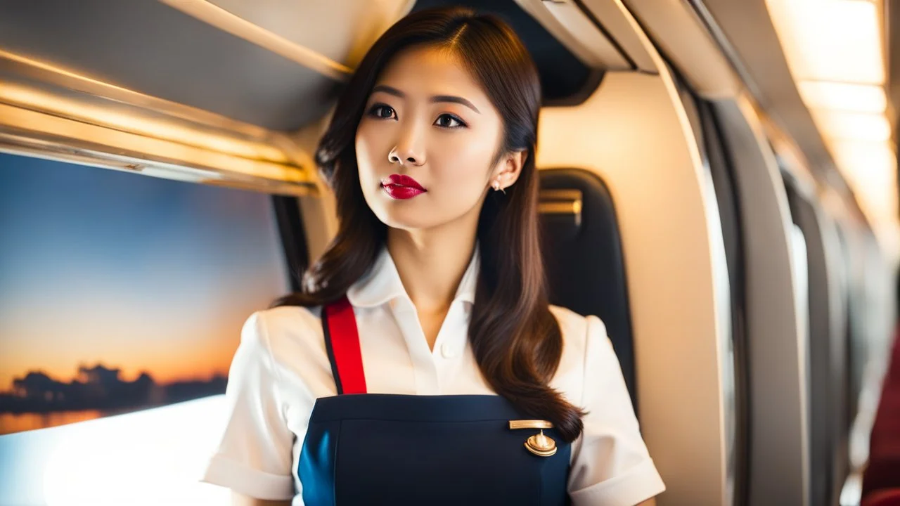 A gorgeous Asian model in an air hostess uniform looking out of the window at sunset