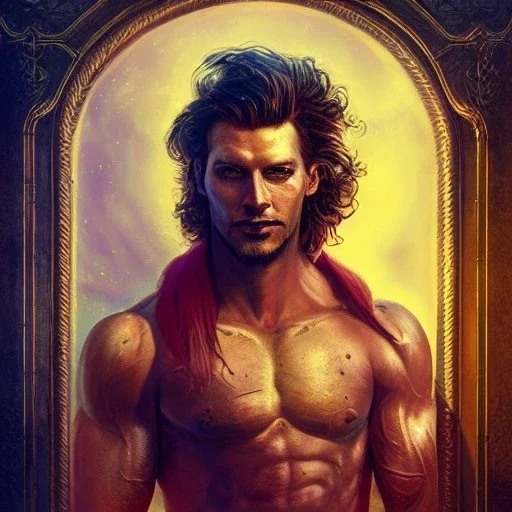 ringleader, portrait, Arthur Kulkov, handsome, Russian, circus, ringleader, muscular, man, strong, detailed matte painting, deep color, fantastical, intricate detail, 8k resolution, concept art portrait by Greg Rutkowski, mystical colors, Golden hour, colorful galaxy foreground, lisa frank fantasy, neon pastel color palette, beautiful colorful interesting detailed storybook fantasy