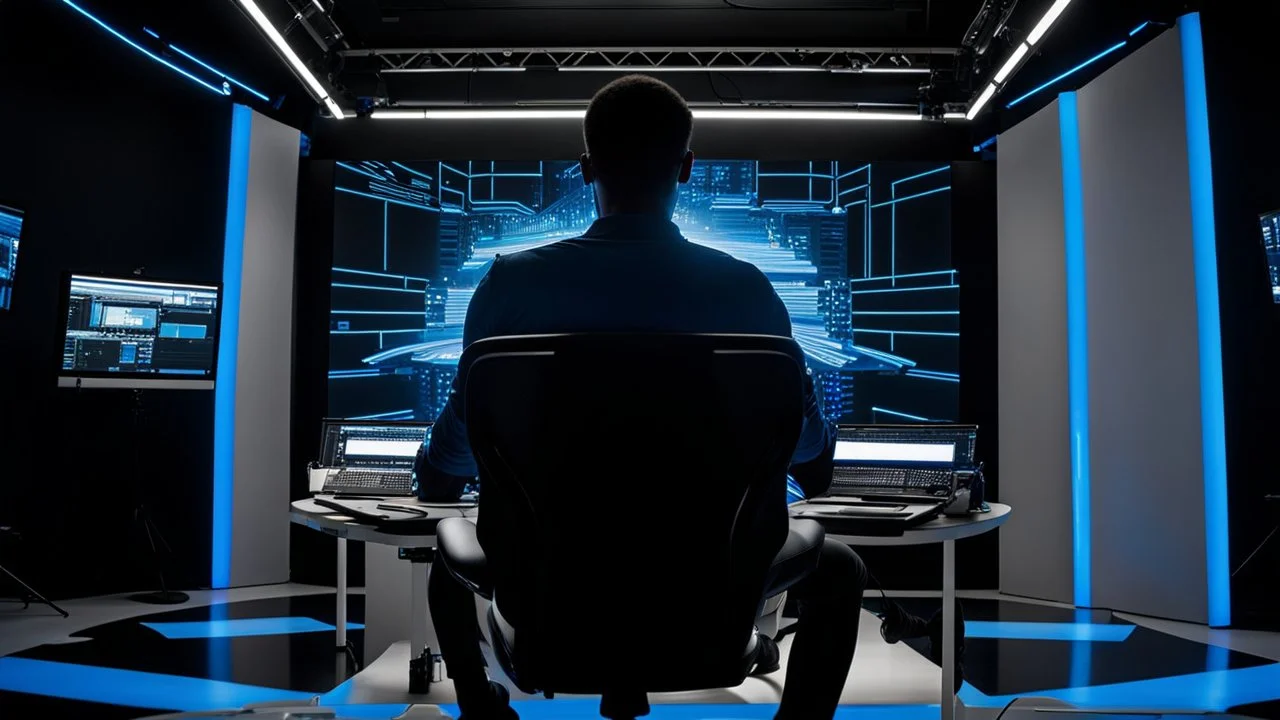 a human silhouette sits in a black film producer's chair in a futuristic studio, the inscription capture white sharp word text on the back of the chair "Atti", around and front many big hd monitors with prompts cods, blue lines, blue neon light, windows, Professional photography, canon lens, shot on dslr 64 megapixels, sharp, cinematic