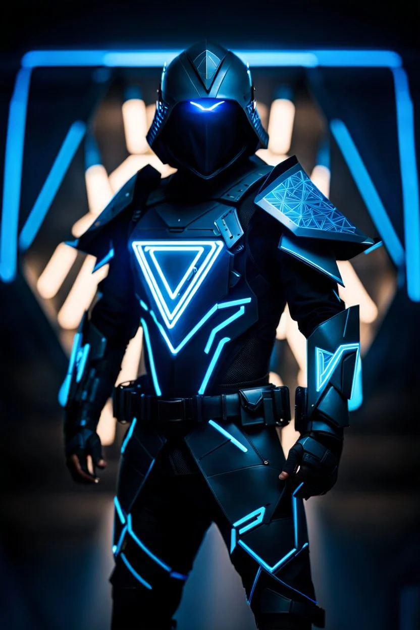 cyberpunk, neon blue, floating triangle of light behind the back, cyber armor, geometric patterns on an armor, male, orbiting triangle