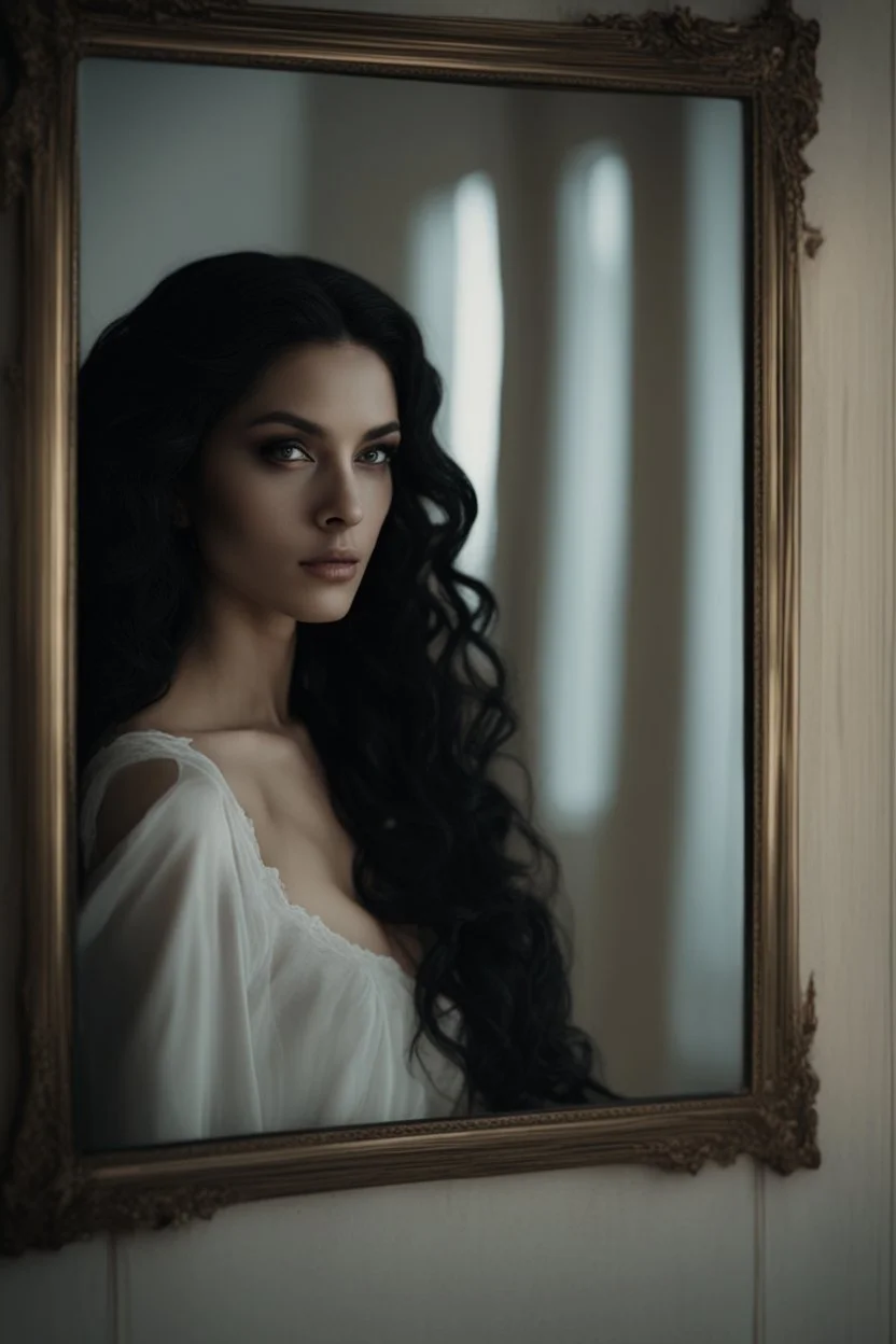 Close up of a beautiful woman with long curly black hair looking at a mirror but her reflection in the mirror is a dark demon with intense scary eyes. Super realistic, 8k high quality