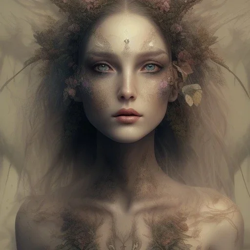 Portrait of beautiful girl, plant, metal, feathers, Dryad, fae, sidhe, ominous, nature, plants, wildflower, facepaint, dnd character portrait, intricate, oil on canvas, masterpiece, expert, insanely detailed, 4k resolution, retroanime style, cute big circular reflective eyes, cinematic smooth, intricate detail , soft smooth lighting, soft pastel colors, painted Renaissance style, 800mm lens