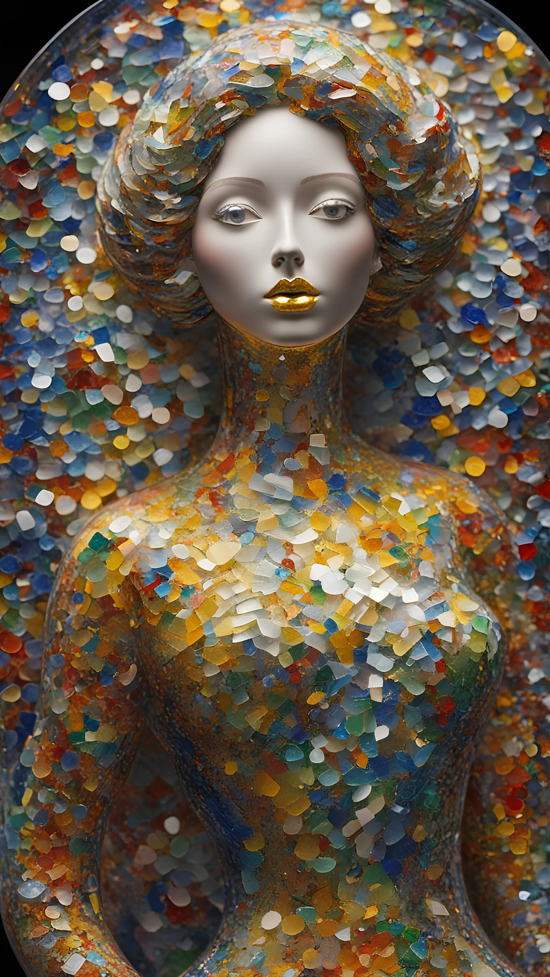 A mesmerizing work of art featuring a female figure skillfully crafted from Murano glass confetti. The woman is adorned with a kaleidoscope of colors, including vibrant shades of yellow, blue, red, and green. Each color seems to form a mosaic-like pattern, creating a harmonious and visually striking design. The meticulous attention to detail in the glasswork is evident, with each tiny piece of confetti carefully placed to showcase the beauty of the material. The woman stands proudly against a pl