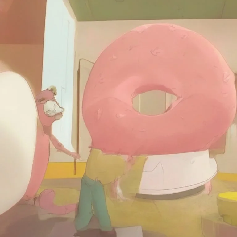 Morty staring at a giant pink donut, while Rick explains his plan to steal the recipe of the Krusty Burgers.