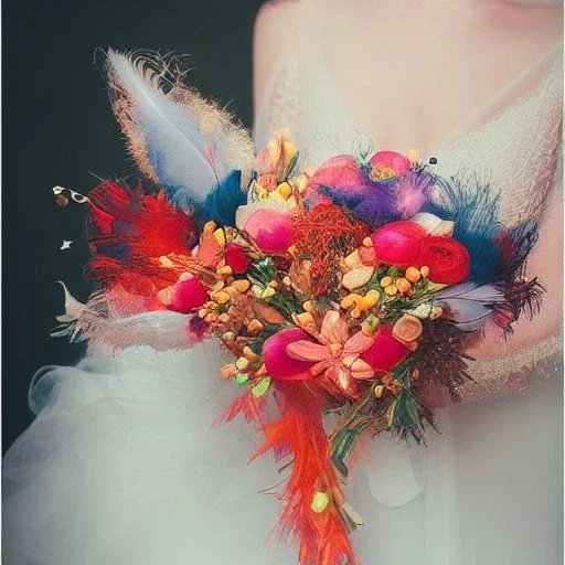 delicate bouquet of lace pearls and feathers, chiaroscuro, vivid colors, festive colors, dramatic lighting, beautiful composition, aesthetic layout