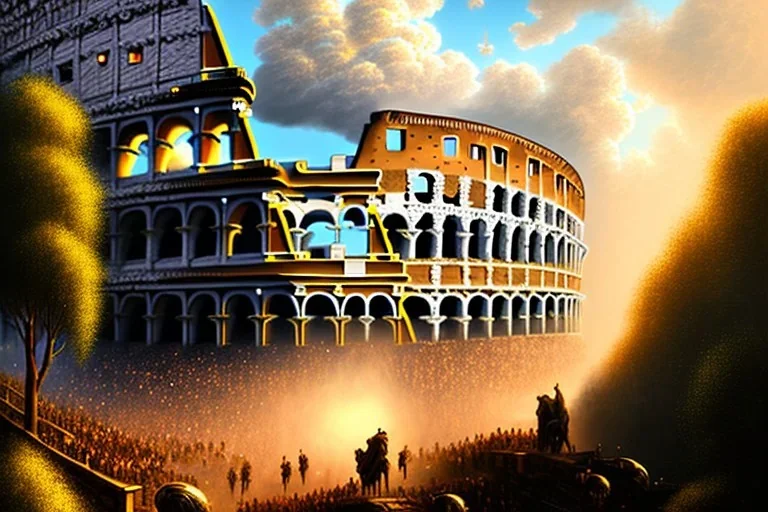 golden waterfall falling from clouds into roman colosseum,nature, hyper detailed, digital painting, elegant, centered, detailed, neon signs, 8k, shining, heaven, many happy people, dampf,