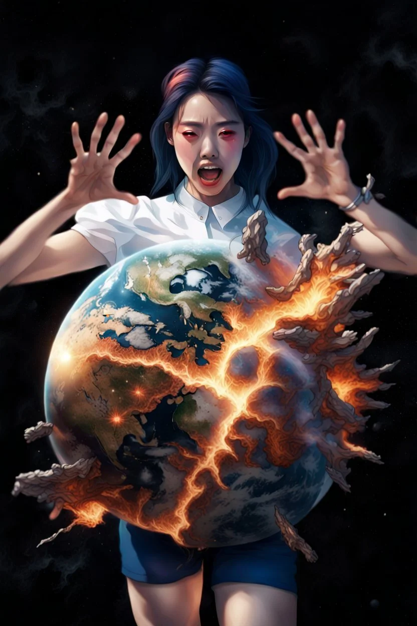 An image of a young Korean woman with a surprised expression, holding her hands up as if she is reacting to a catastrophic event in front of her. She is wearing a white blouse with detail, blue shorts, and sunglasses pushed up onto her head. In front of her, there is a highly detailed planet resembling Earth, dramatically cracking and breaking apart with fiery explosions and molten lava visible at the fractures. Debris is flying outward from the planet. The background is stars/space
