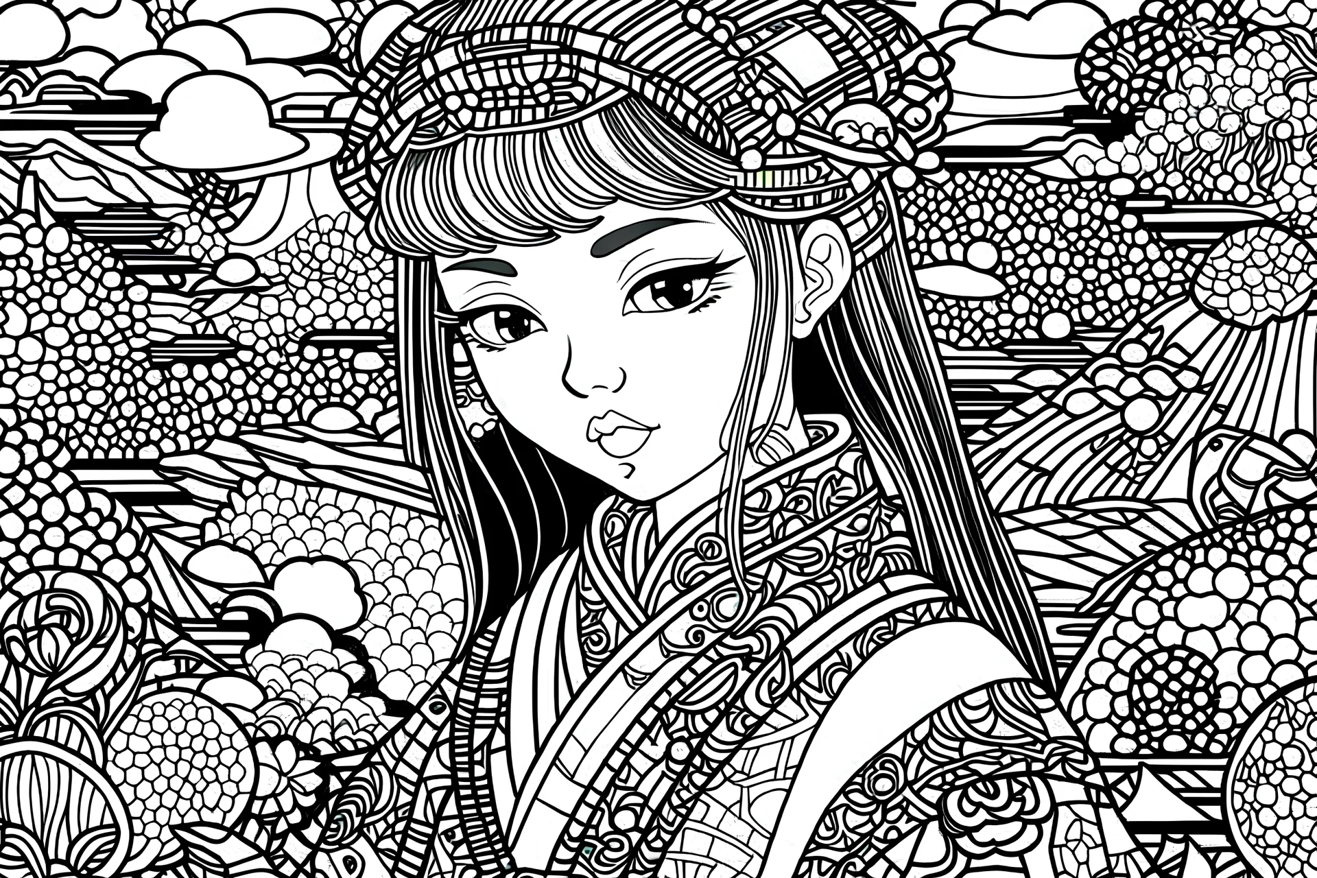 Visualize a black & white Japanese-themed art coloring book with thick contours & lines, all fitting within an 11x8.5 inch space. Traditional Japanese dolls with a sci-fi upgrade. Each image is intricately detailed, with bold & thick lines to make coloring a delightful experience, creating a dynamic fusion of Japanese-themed art coloring book.