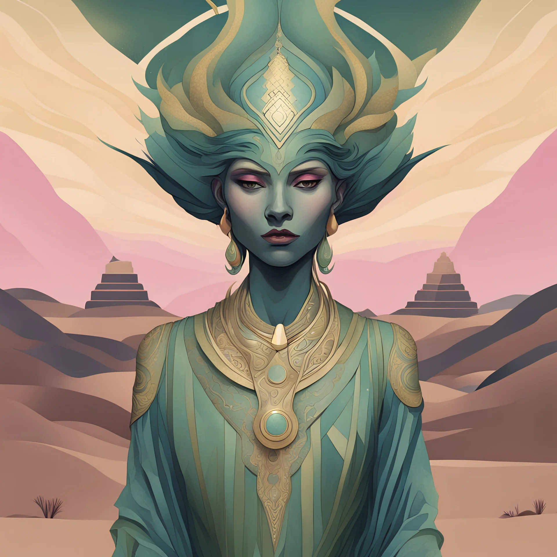 Bordered digital art of a Desert Djinn 10, in the style of torat and art deco, with olive green, pastel pink, rich blues and Shimmering golds accents. Fantasy art. High quality, masterpiece.