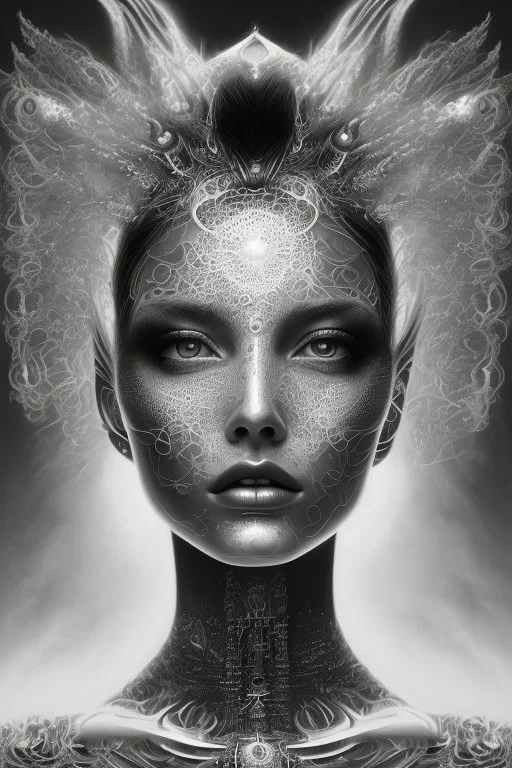 a black and white double exposure photo of a woman's face, an ultrafine detailed air brush painting by Hajime Sorayama, Kyle cooper, and Dan Hillier, cgsociety, dark erotica, avant garde gothic androgynous, mixed media, dystopian art, cosmic art, analog horror, nightmarefuel, hauntingly beautiful, beautifully ominous, sharp and razor focused in stunning HD, world class art, unique, modern masterpiece, exceptional, exquisite, dark fantasy, grime, neoism, apocalypse art, calotype