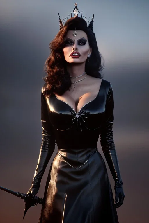 young sophia loren as evil queen in black leather, angry, stern look, volumetric lighting, particales,highly detailed,cinematic, deep colours,8