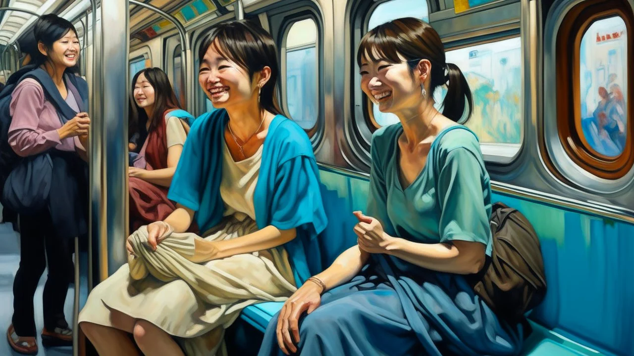 Neoclassicism 2 japanese woman smiling at other woman sitting in metro realistic cote d'azur painting colorfull