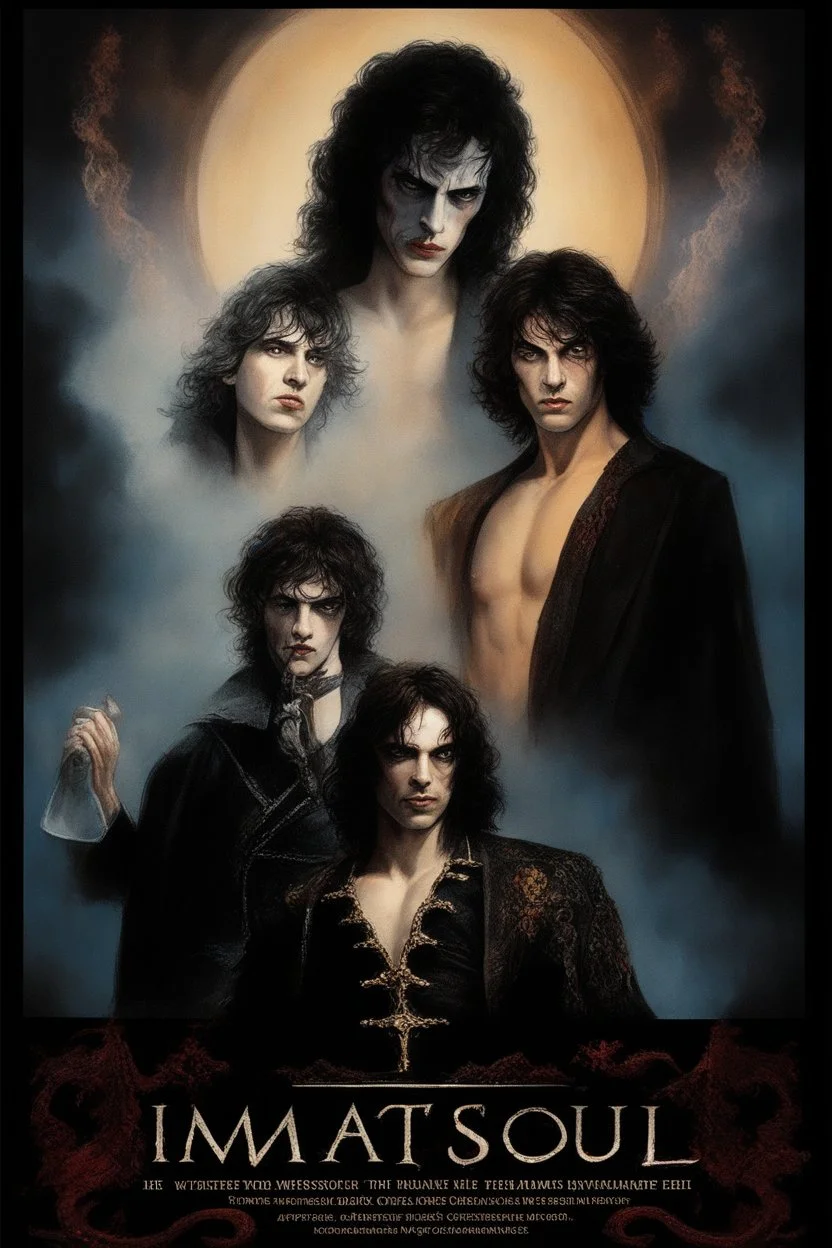 Movie Poster -- "Immortal Soul," Starring Paul Stanley as the evil vampire and Timothee Chalamet as Malcolm Stark - After witnessing the murder of his wife, at the hands of an evil vampire, he vows to avenge her death - in the art style of Boris Vallejo, Frank Frazetta, Julie bell, Caravaggio, Rembrandt, Michelangelo, Picasso, Gilbert Stuart, Gerald Brom, Thomas Kinkade, Neal Adams, Jim Lee, Sanjulian, Thomas Kinkade, Jim Lee,