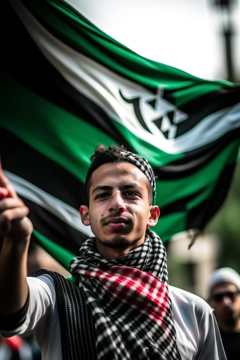 A young man stands and holds a large Palestinian flag in his hands and waves it while wearing a keffiyeh