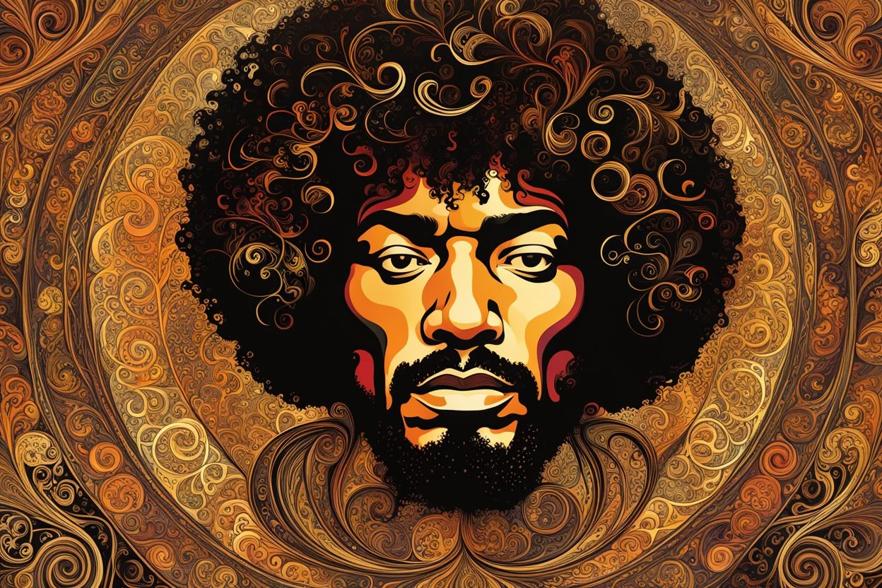 a stylized abstract illustration of Jimi Hendrix from calligraphic letters, flourishes, and swirls , finely drawn and inked, in classic Medieval calligraphy, 4k, hyper detailed in the style of EL SEED and vibrantly colored in the style of GUSTAV KLIMT