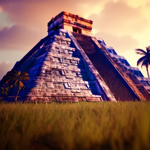 Chichen Itza, sunset, rainbow sunset, waterfall, palms, twigs, spring, sunset rainbow, bridge flying birds, unreal engine 5, cinematic lighting, realistic, hyper detailed, 8k, octane render, cinema 4d