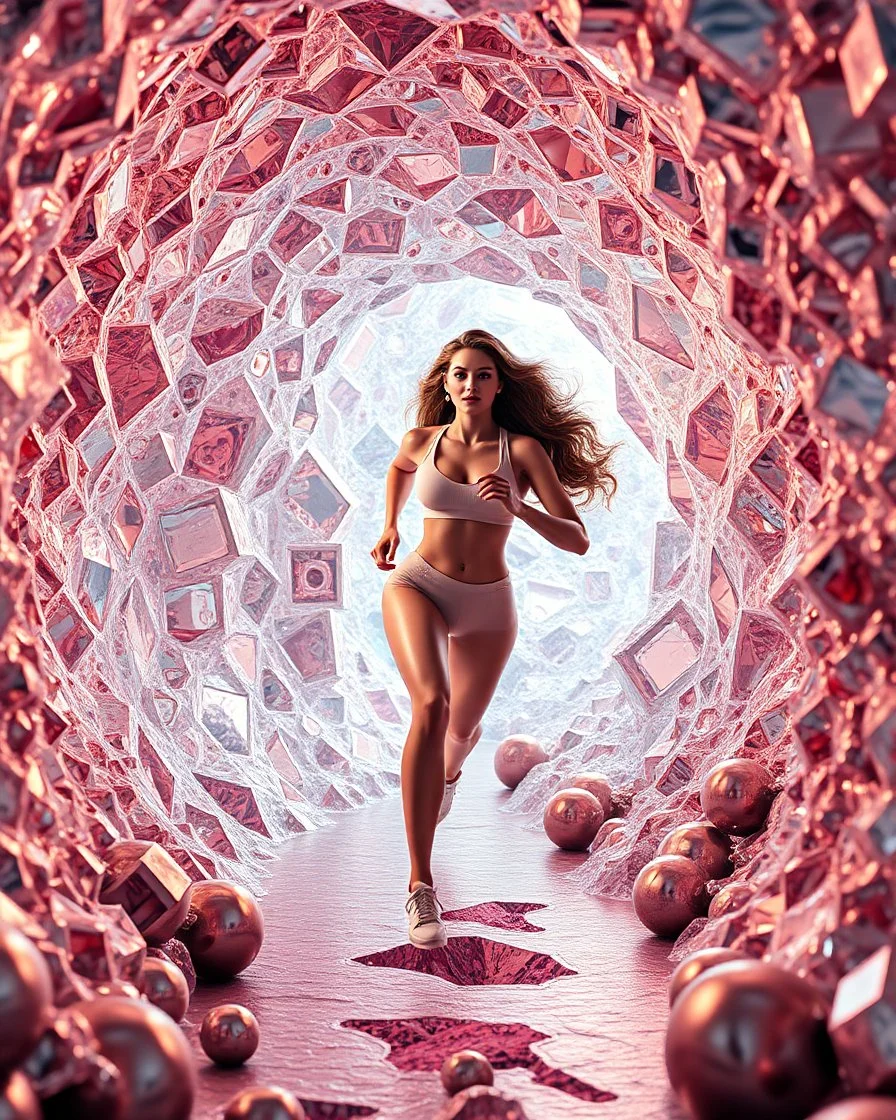 make a picture pretty cave made of crystal and metallic 3d fractal recursive cubic and sphere base structures and a beautiful fashion model lady with cute,curvy long hair,makeup, in pretty sports suit is running inside cave ,dynamic camera fallow her inside cave capturing full body, dynamic lights.