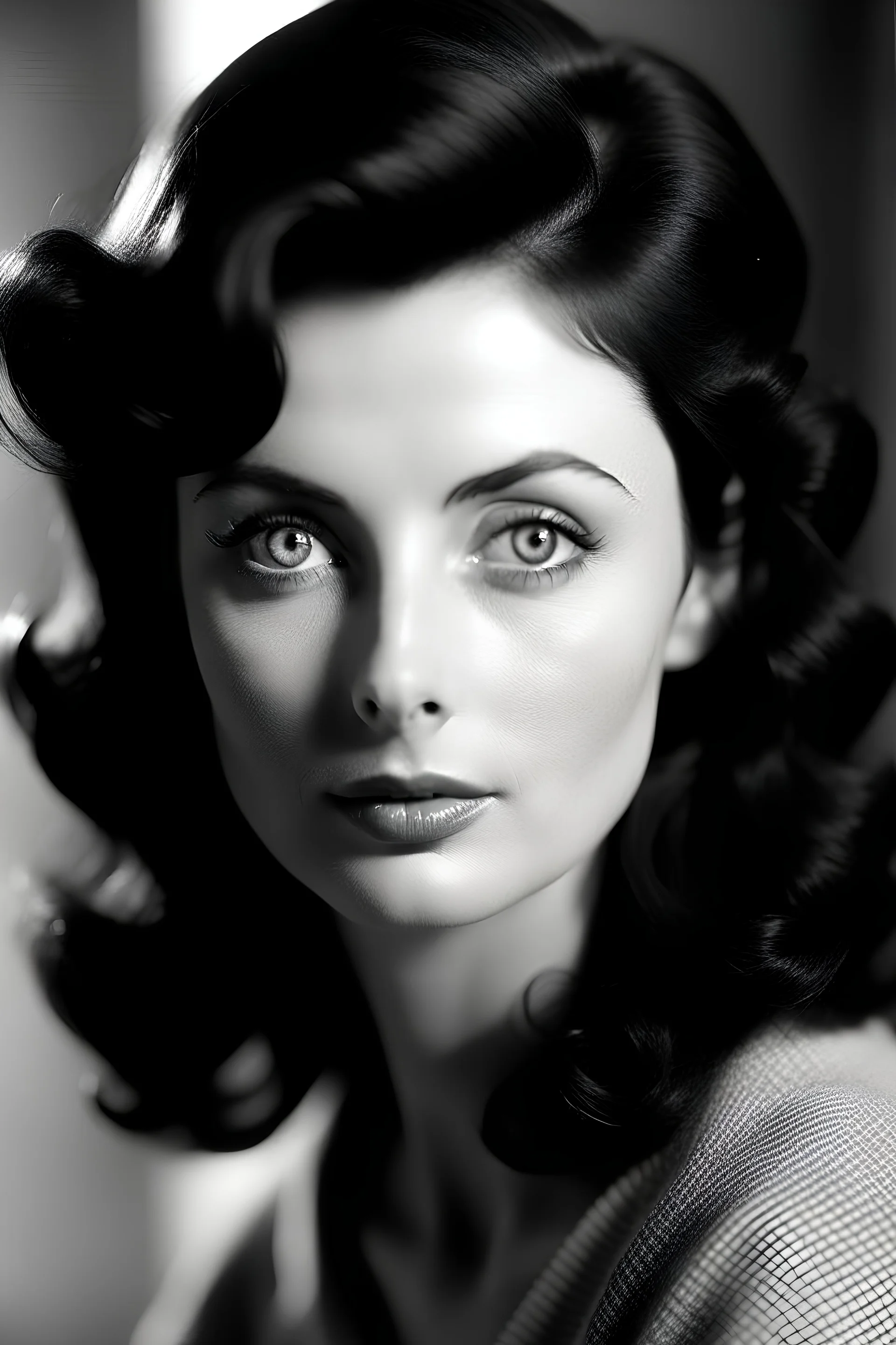 50s woman with blue eyes with and dark h...