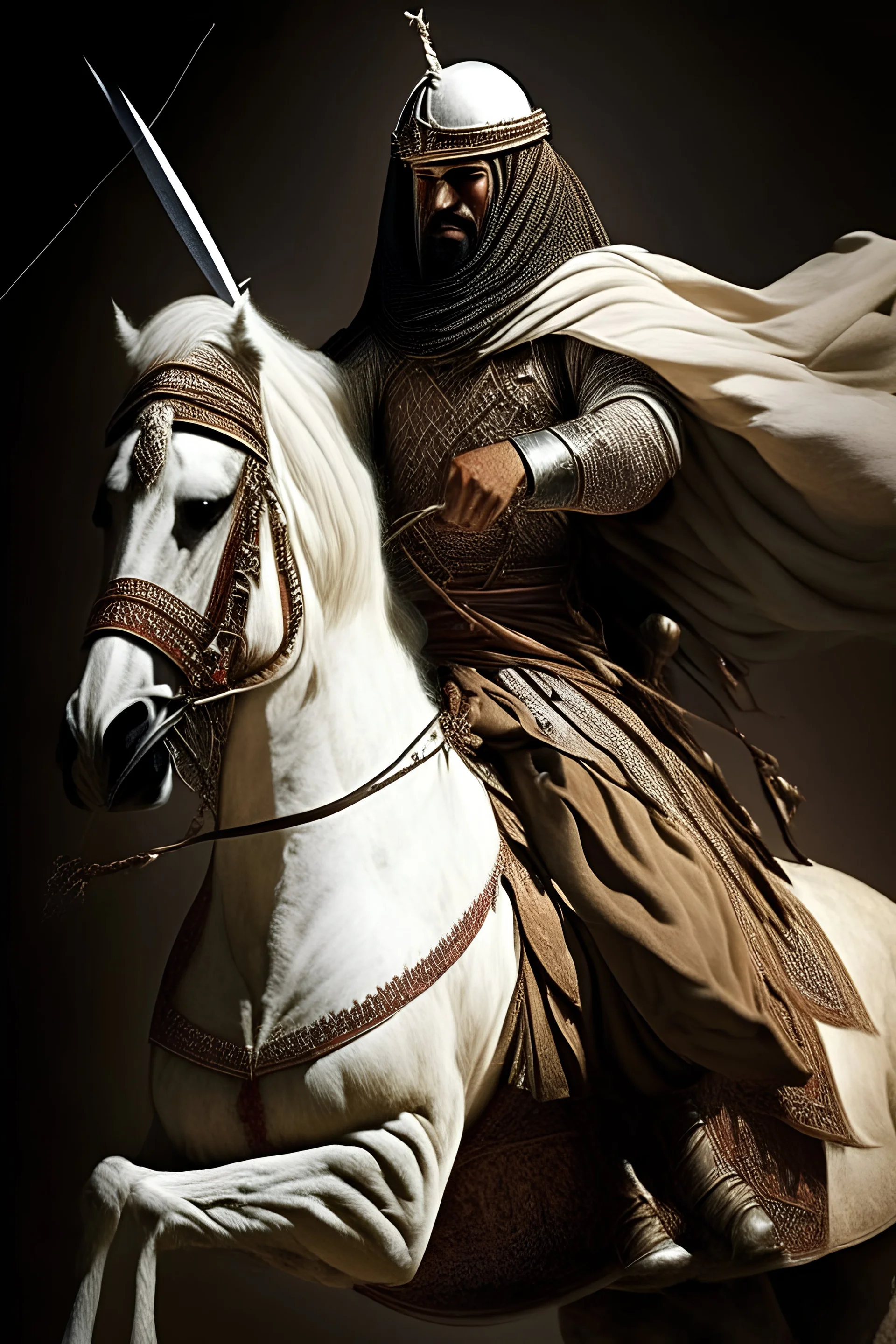 An Arab warrior gripping a sword tightly and mounted on a proudly raised horse.