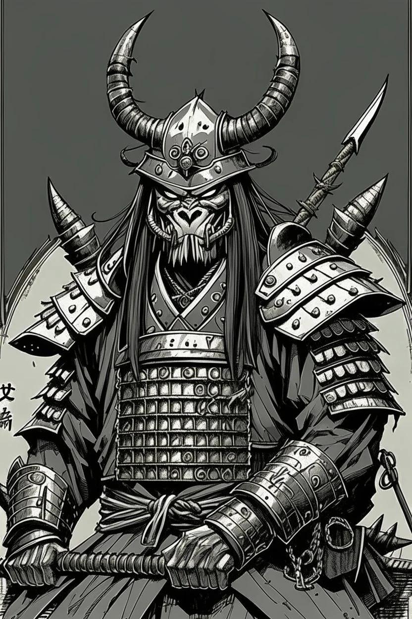 Armoured Samurai with oni mask ,manga, from 1980 dark fantasy, style by Kentaro Miura
