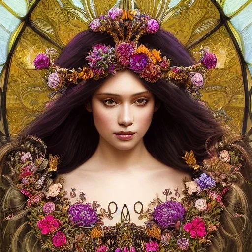 portrait,"Insanely detailed photograph of a beautiful Queen of the Dark Goddess,gorgeous clean face, highly intricate dress,intricately designed colorful flowers in hair,elegant, highly detailed hair, digital painting, artstation, concept art, smooth, sharp focus, illustration, art by artgerm and greg rutkowski, alphonse mucha,Dan witz, 8 k,looking downward,album cover art,fantasy