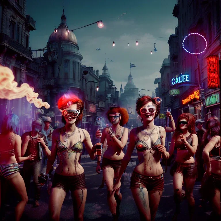 Ultra Realistic photo, medium shot view, drunken women, carnival scene, freak steampunk. hair monster, Sunglasses, smoking, happy, hot. Cabaret background, highly detailed, concept art, unreal engine 5, ray tracing, RTX, lumen lighting, ultra detail, volumetric lighting, 3d, finely drawn, high definition, high resolution.