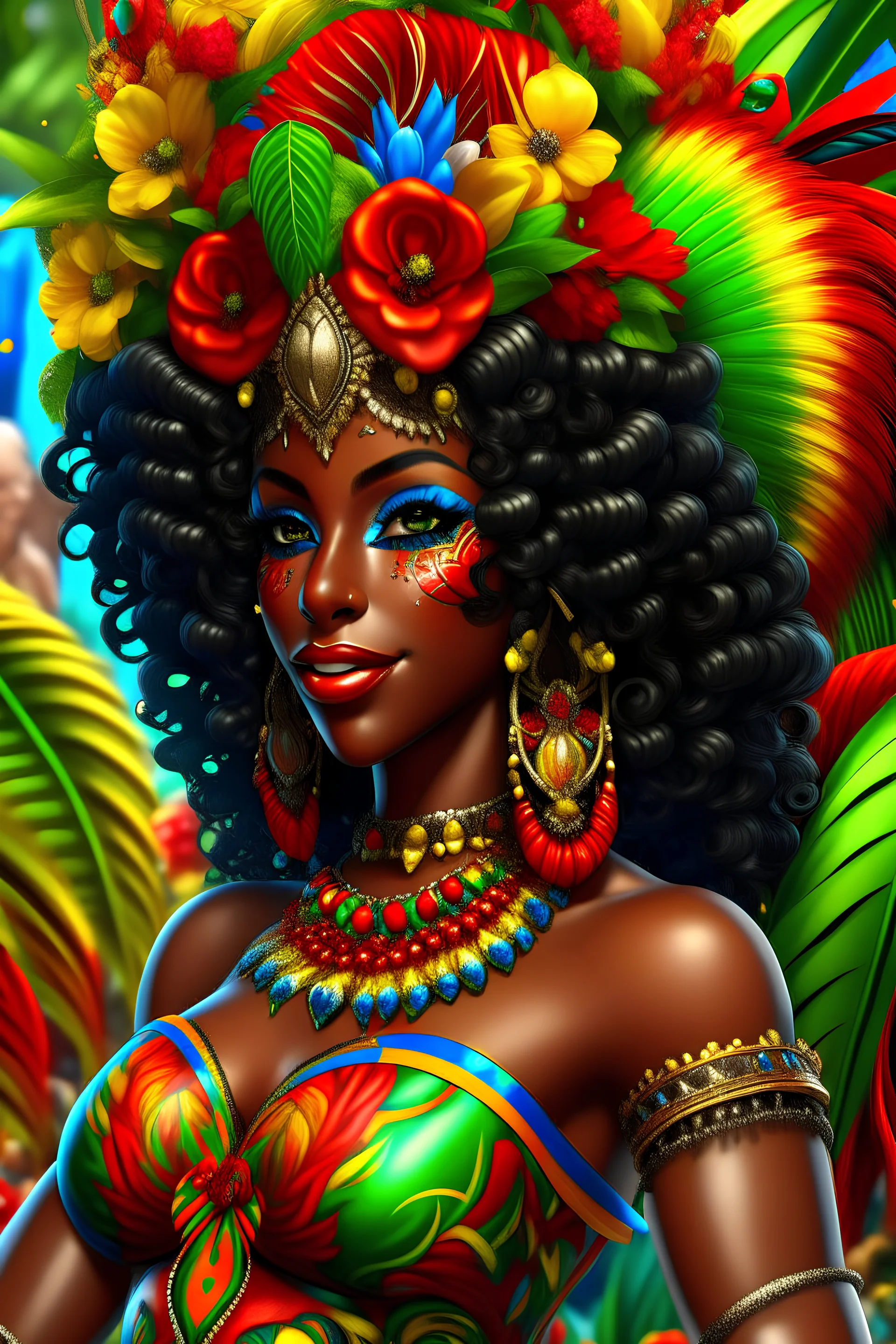 Create a digital airbrush cartoon of a curvy African American female wearing Brazilian carnaval outfit outfit that's red, black and green. Prominent make up with hazel eyes. Highly detailed very long extremely curly black hair. Her skin is smooth and silky. Background of a judge full of colorful flowers