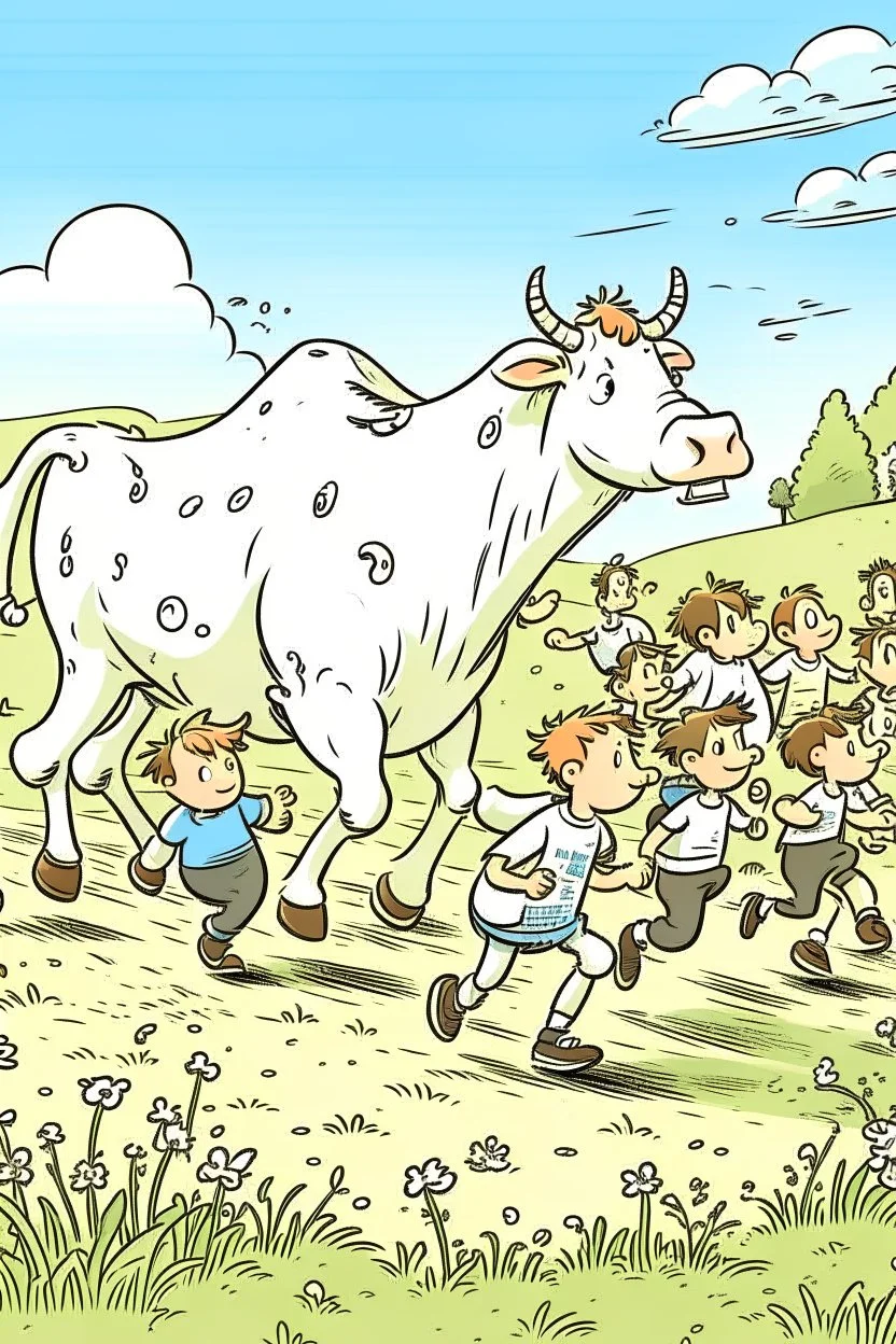 Lots of people running away from an cow with their stolen milk