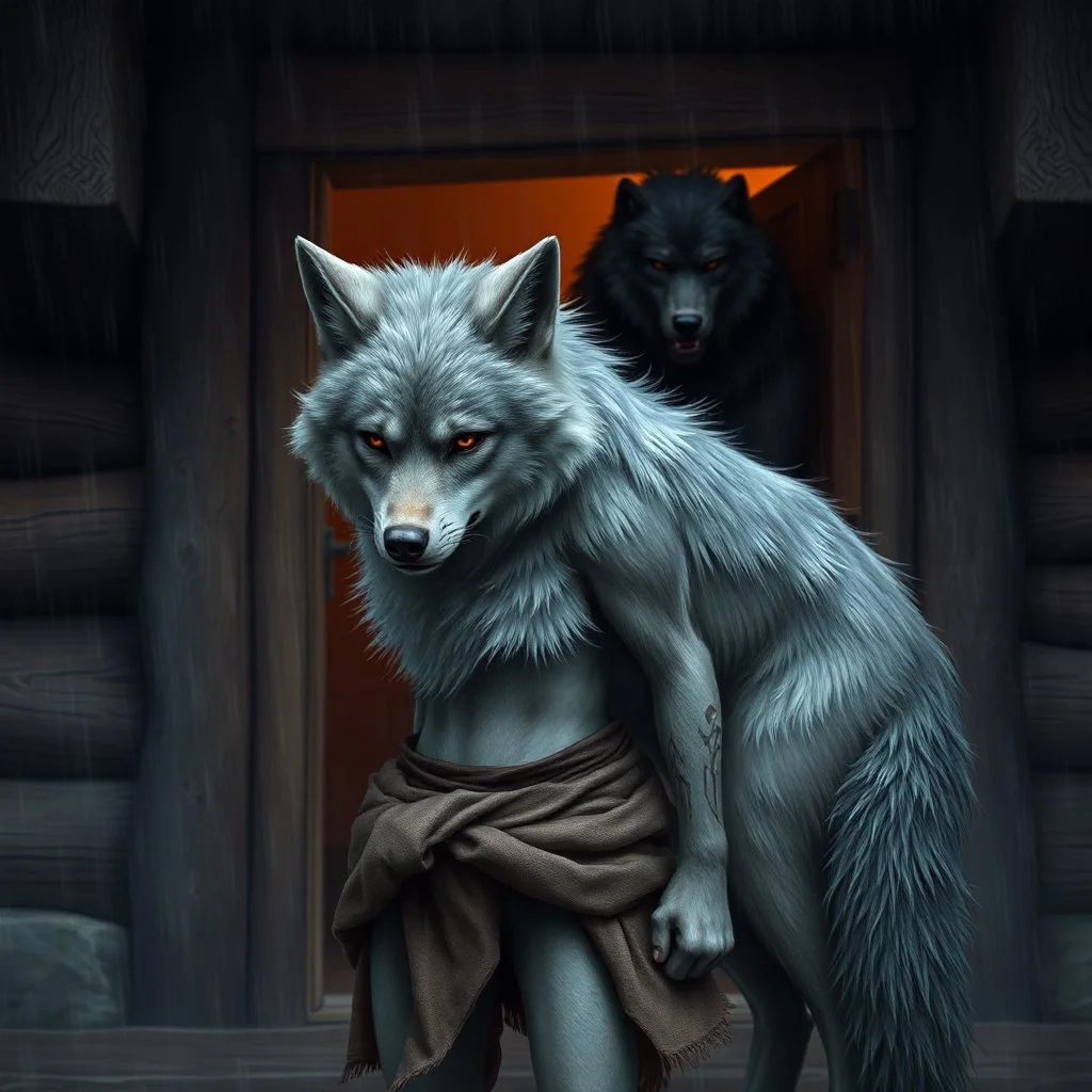 fantasy digital art of young anthro wolf kicked out of the house, she have gray hairy wolf body and wears just a short canvas rag around her waist , sadly face in the rain front the door, behind her an tall angry anthro dark hairy wolf man and kicks her out the door, behind in rustic halb open door in an massive wooden house, deep colors, rainy day, detailed, anthropomorphic creatures, fantasy, sci-fi mood