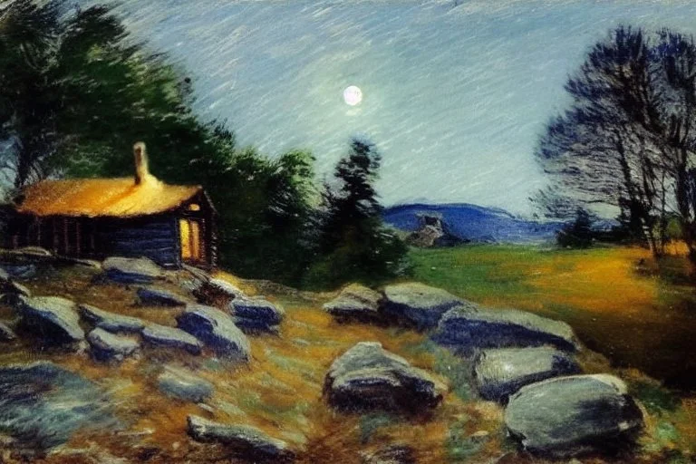 Night, moon, cabin, pathway, rocks, grass, trees, distant trees, distant mountains, lesser ury and philip wilson steer impressionism pianting