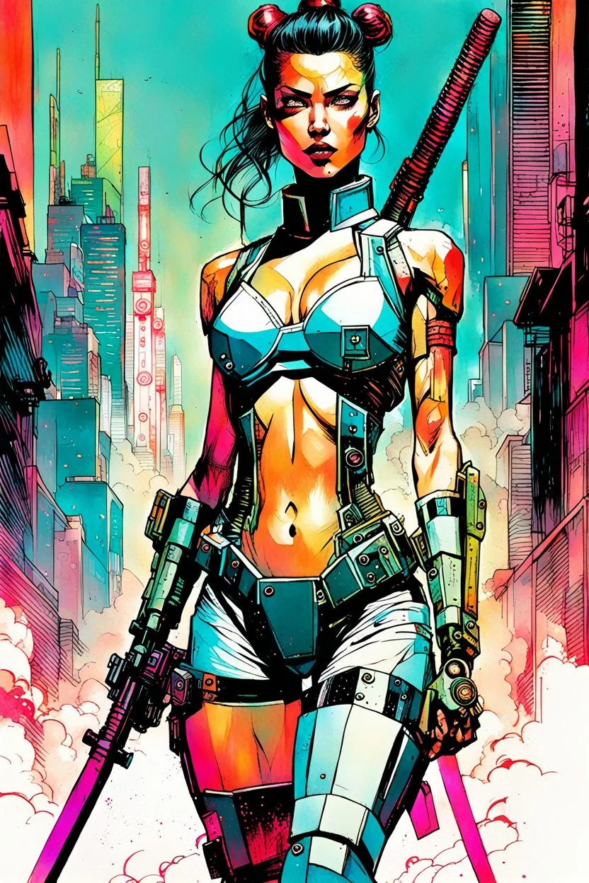 create a full body portrait illustration of a robotic cyberpunk samurai female cop, with highly detailed and deeply cut facial features, in a chaotic, turbulent, otherworldly city in the comic art style of BILL SIENKIEWICZ and JEAN GIRAUD MOEBIUS, searing lines and forceful strokes, precisely drawn, inked, and darkly colored