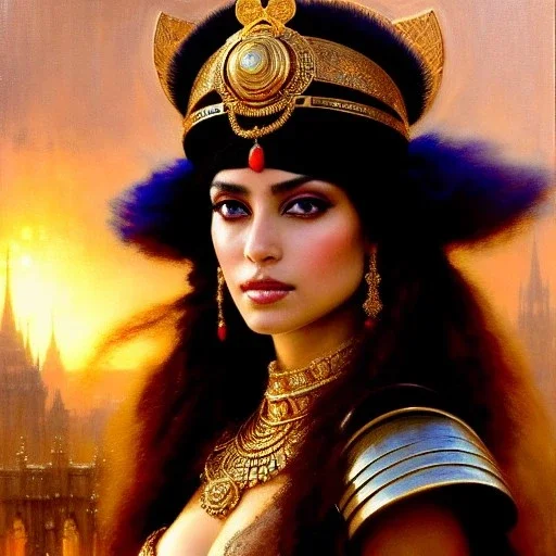 portrait beautiful face queen of Sheba ,busty,medieval metal armor balanciaga fashion clothe painting by gaston bussiere, greg rutkowski, yoji shinkawa, yoshitaka amano, tsutomu nihei, donato giancola, tim hildebrandt, oil on canvas, cinematic composition, extreme detail,fit full head inside picture