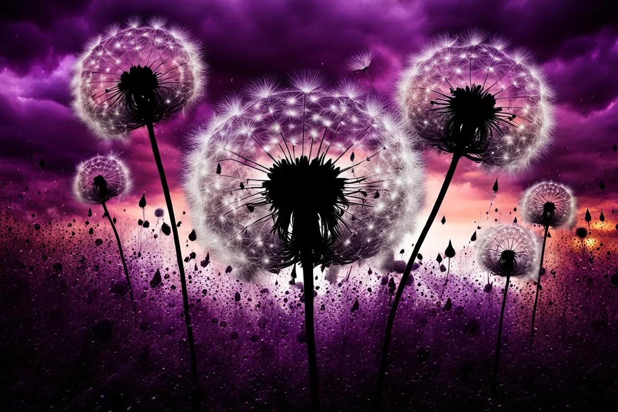 dark purple Sunset with big black Dandelions, , high textures, surreal, weird, white-black colors, silver rain, sharp focus, splash art, intricately detailed, mystic, dark stunning mood