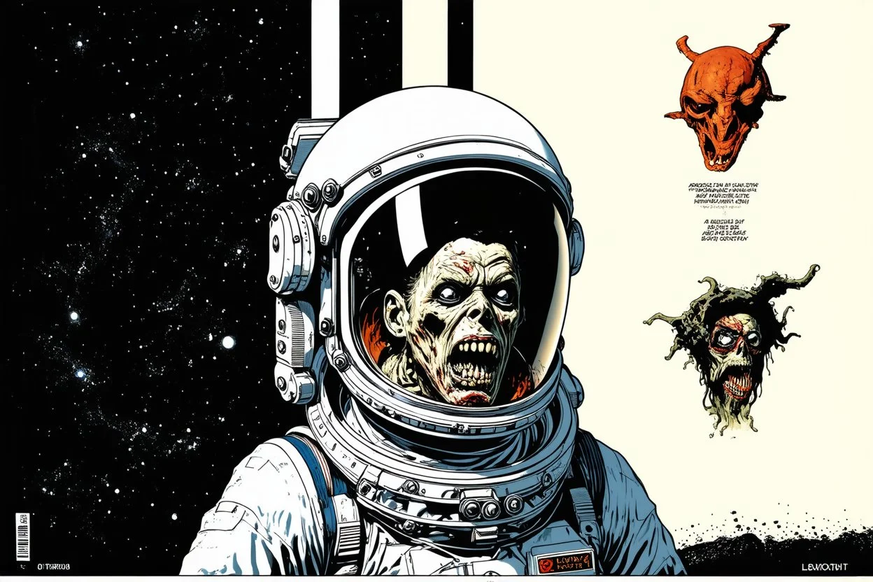 astronaut zombie, regressive overlapping timeline, horror art, by Colin McCahon and HR Giger, by Wes Benscoter, mind-bending color illustration; dramatic and ominous, cosmic horror