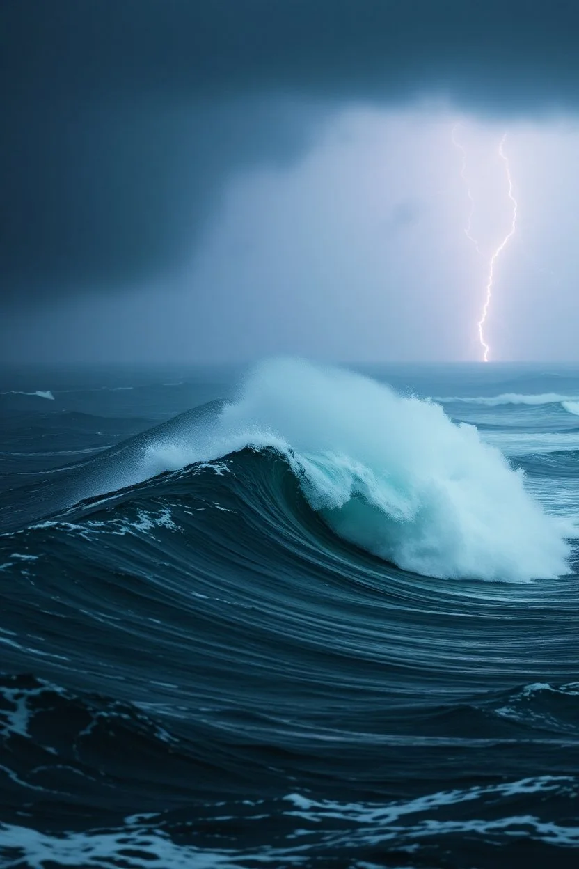 Right high waves in the middle of the ocean in dark storm and thunder