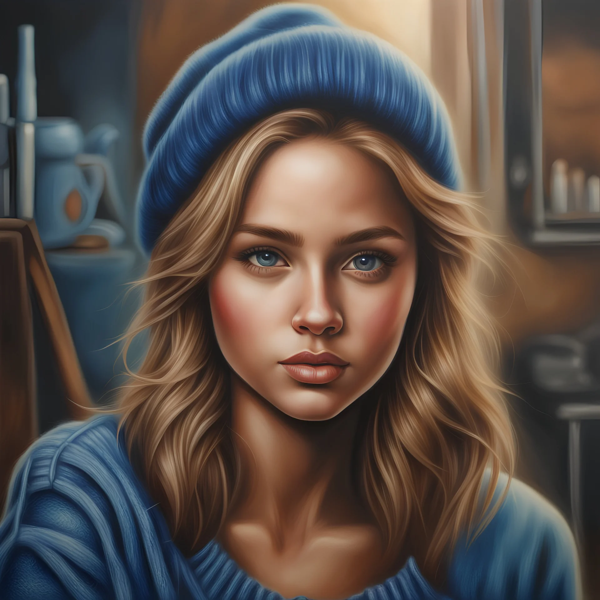 airbrush oiil painting of the girl next door, wearing a sweater and blue jeans, stunning, spectacular, 8K