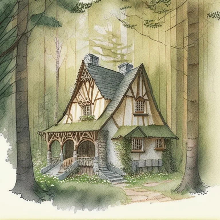 A color architecture drawing of a cottage in the woods