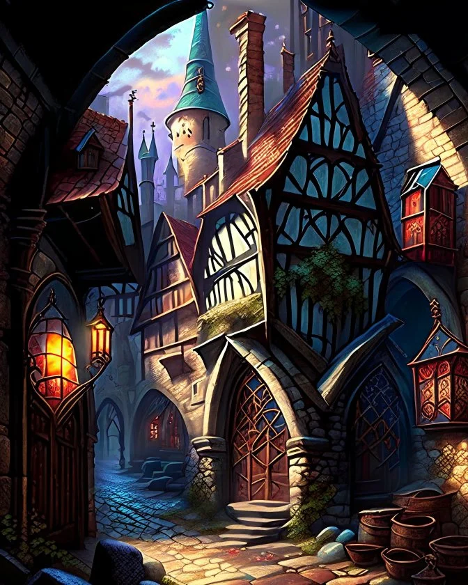 medieval fantasy cobblestone town with stained glass window buildings fairytale rpg art