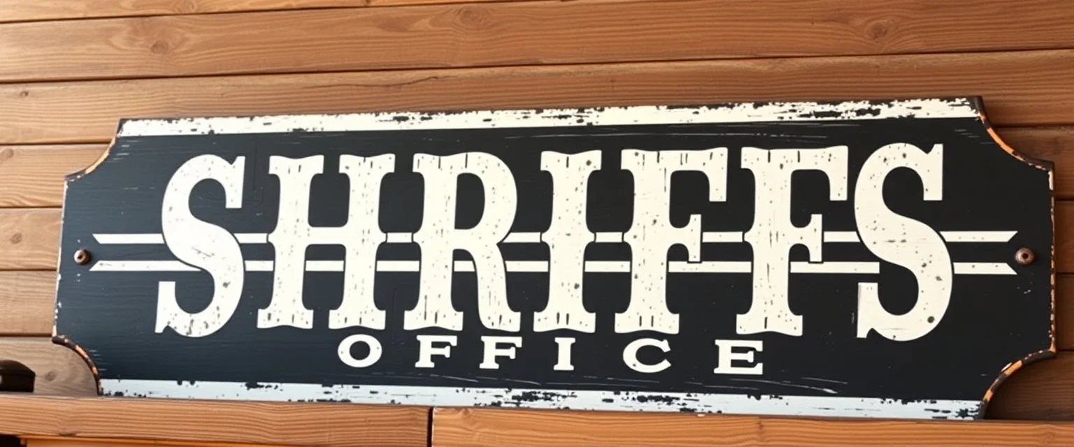 fill composition with large and wide historical hand painted old western sign that reads: "SHRIFFS OFFICE" white on black with inset white stripe boarder aged paint on wood sanserif
