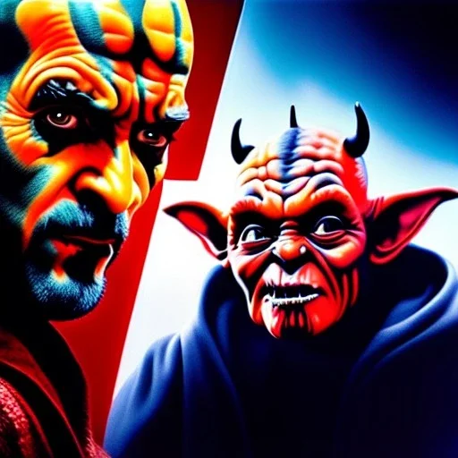 Ultra detailed fullbody Portrait in oil on canvas of Darth Maul merges Yoda ,intense stare,extremely detailed digital painting, extremely detailed face,crystal clear Big eyes, mystical colors ,perfectly centered image, perfect composition, rim light, beautiful lighting,masterpiece,8k, stunning scene, raytracing, anatomically correct, in the style of robert e howard and Ken Kelley and Ohrai Noriyoshi and Simon Bisley and tomzj1