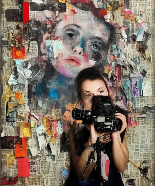 happy beautiful girl holding big proffesional camera in studio. street art, oil on canvas, spray paint, collage, letters, newspapeers, Dave McKean, Vladimir Fedotko, Saturno Butto, Vaughn Bodé, Frank Wu, James C. Christensen, collage, dirty, paint dripping, radiant